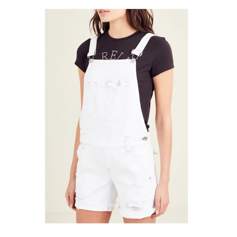 TRUE RELIGION Ripped Frayed Hem Jean Denim Overalls - Picture 1 of 14